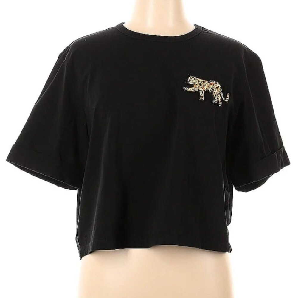 Veronica Beard Black Short Sleeve Leopard Patch Graphic Tee